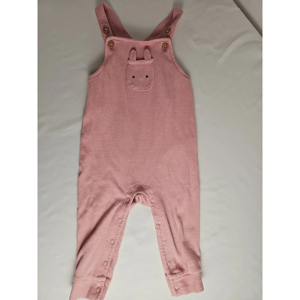 Carter's Baby Pink Ribbed Bunny Pocket Overalls Romper 12 Months